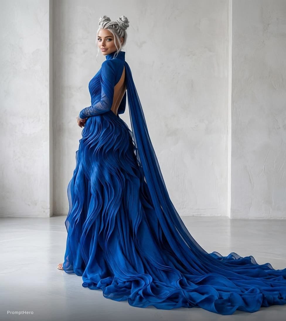 AI generated: Portrait of a woman in a flowing blue gown, full-length. The dress features a high collar and long s...