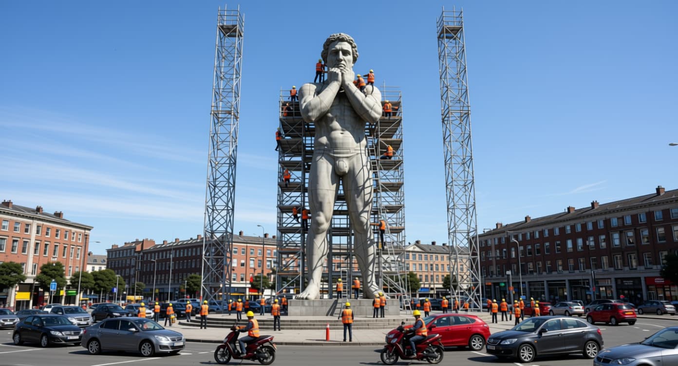 AI generated: An ultra-realistic, giant statue (based on the uploaded photo of the person) stands in the center of...
