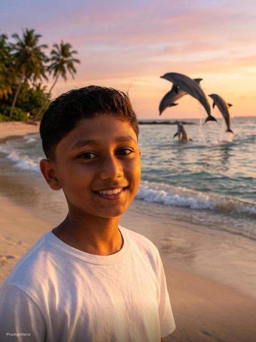 AI generated: Sea shore sunset scene with background dolphin fish 