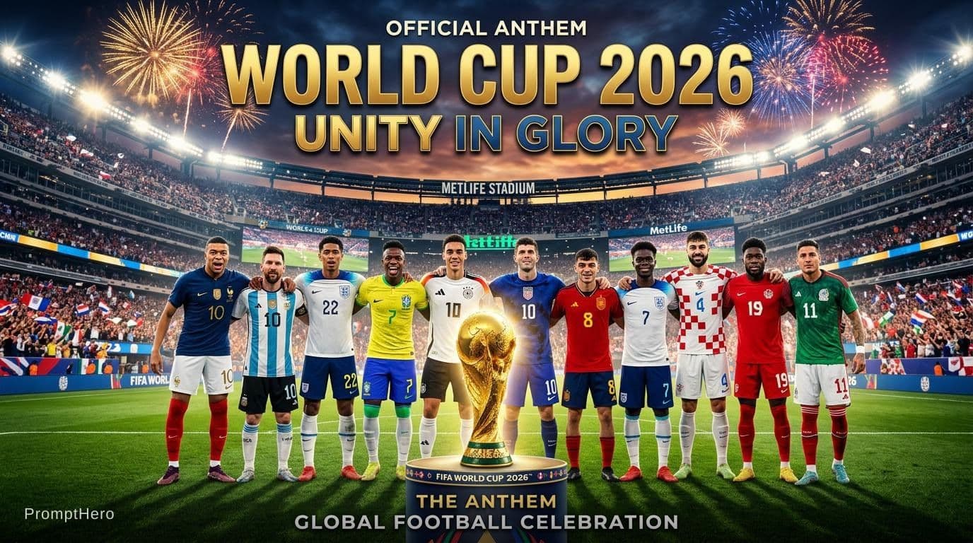 AI generated: Epic World Cup 2026 football anthem cover art, golden championship trophy in the foreground, elite f...