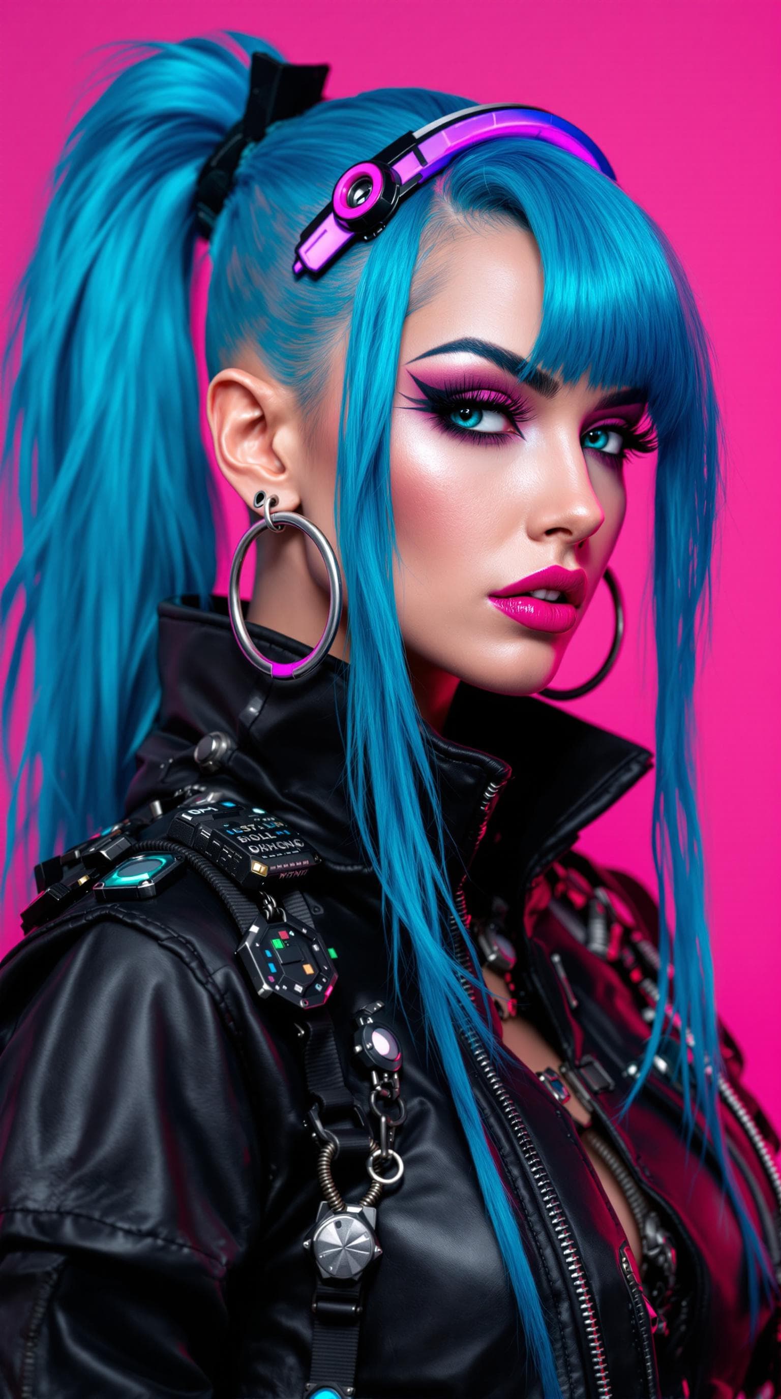 AI generated: The full body image features a striking female character with long, vibrant blue hair styled in an e...