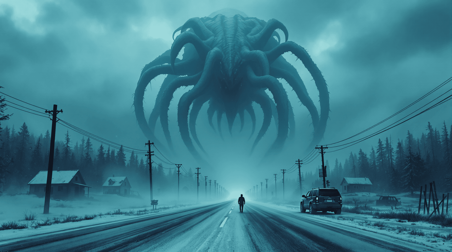 AI generated: A colossal eldritch creature towers over a desolate small town, its massive, limbs and writhing tent...