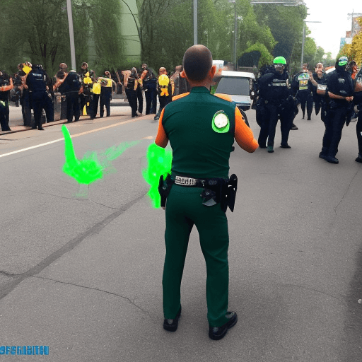 AI generated: Green alien gets arrested by officers in the middle of the street in a orange jumpsuit