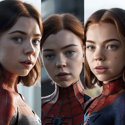AI generated: Shown in a bright color photo, Very close up face, three female Spider-man family, on the left is So...