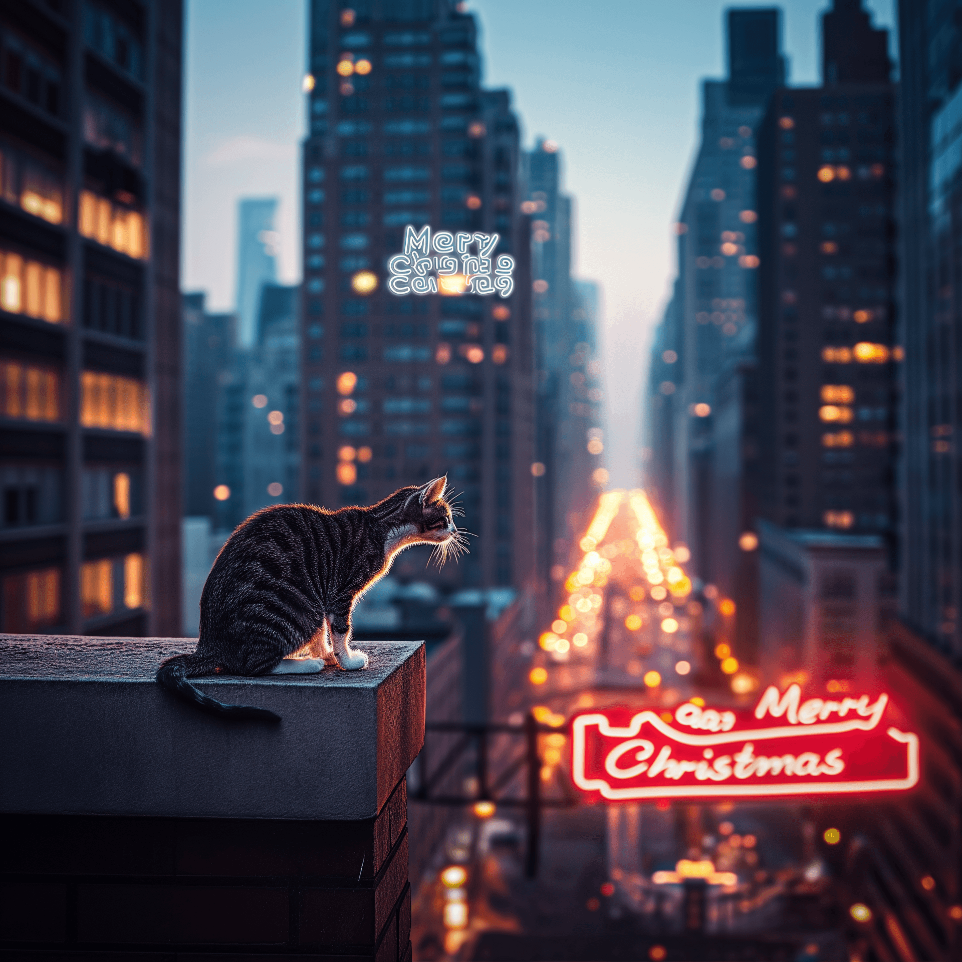 AI generated: cat looking out onto a rooftop from a high ledge in the city, under a big neon sign text "Merry Chri...