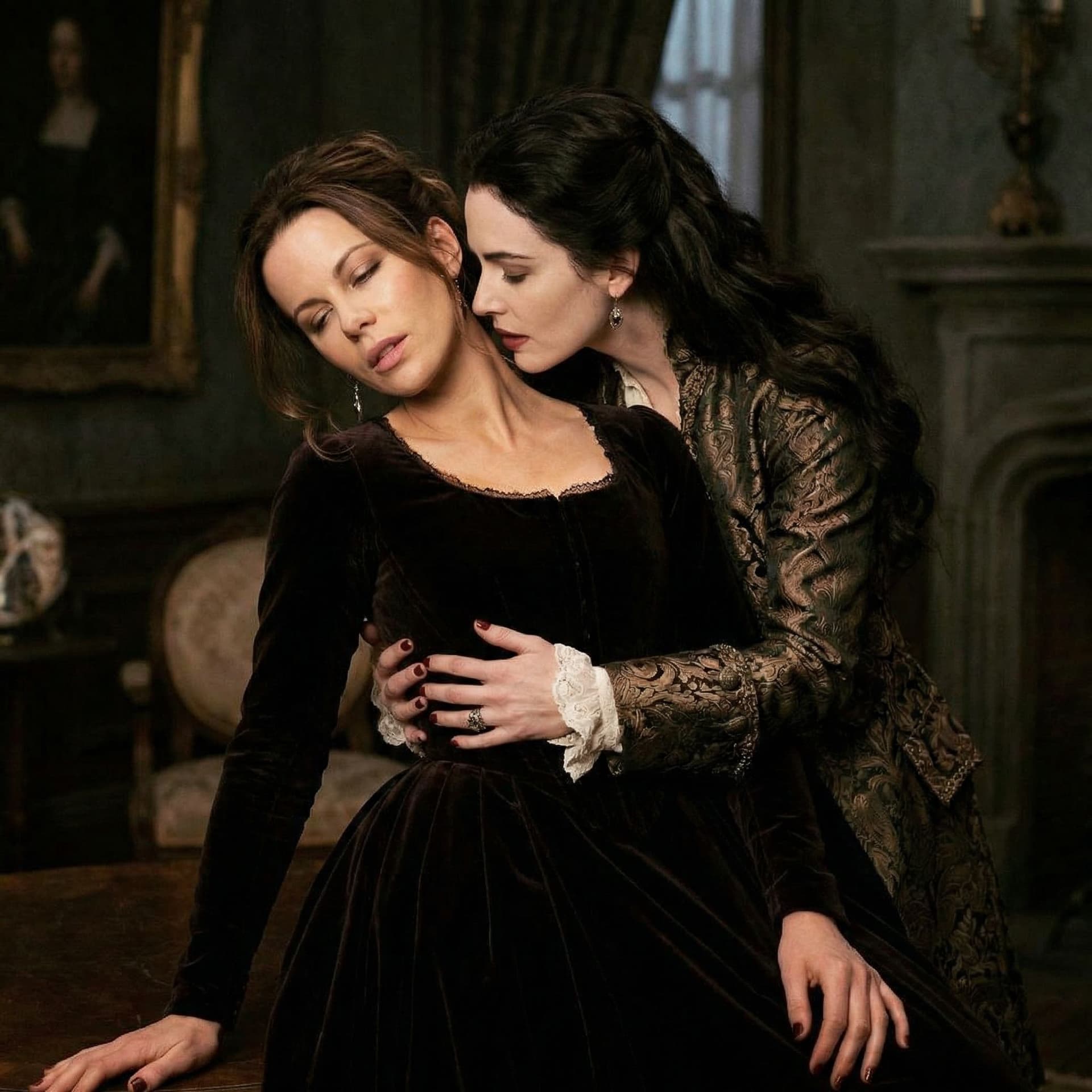 AI generated: Kate beckinsale being bitten by a female vampire sexy