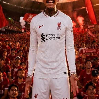AI generated video: Use the reference image as the exact character.
A Liverpool fan stands on the stadium stairs surroun...