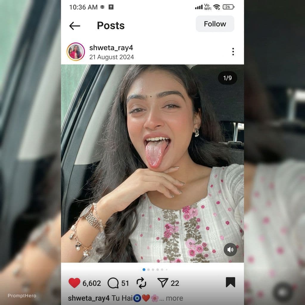 AI generated: Make her tongue out long wide realistic with visible teeth and saliva on tongue but maintaining the ...