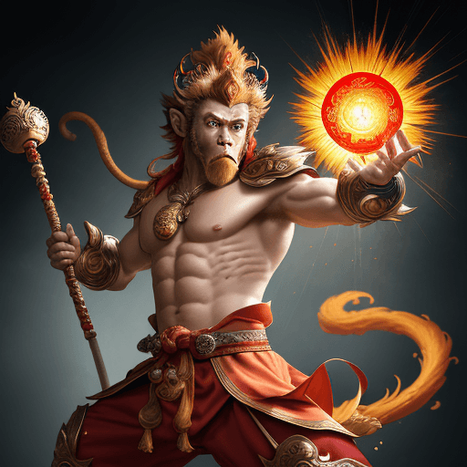 AI generated: masterpiece, concept art, mid shot, dynamic pose, centered, splash art, Sun wukong, (anthropomorphis...