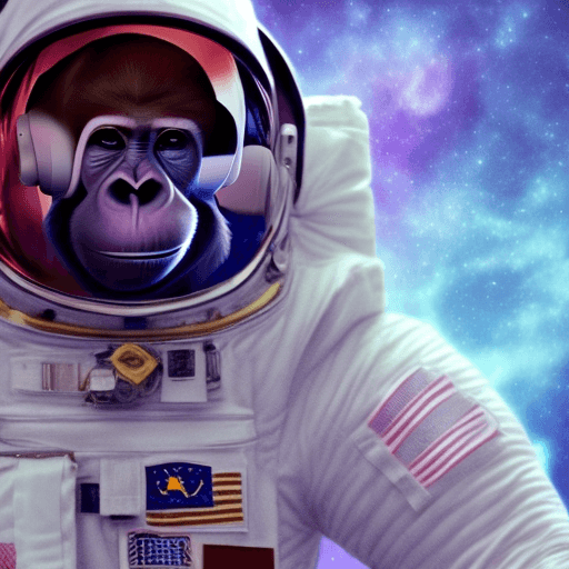AI generated: pink ape Astronaut in space holding a claymate in a photorealistic style, digital art