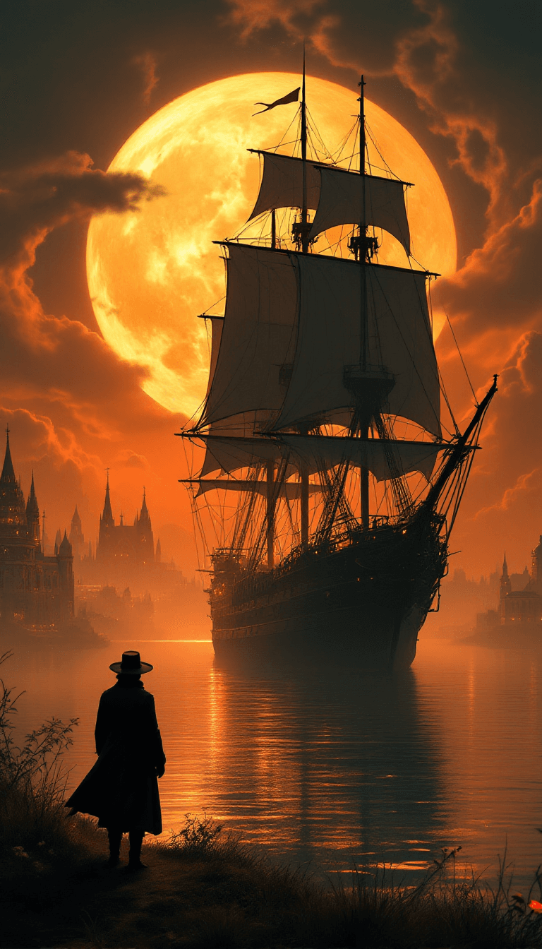 AI generated: A breathtaking fantasy scene featuring a majestic tall sailing ship silhouetted against a massive, g...
