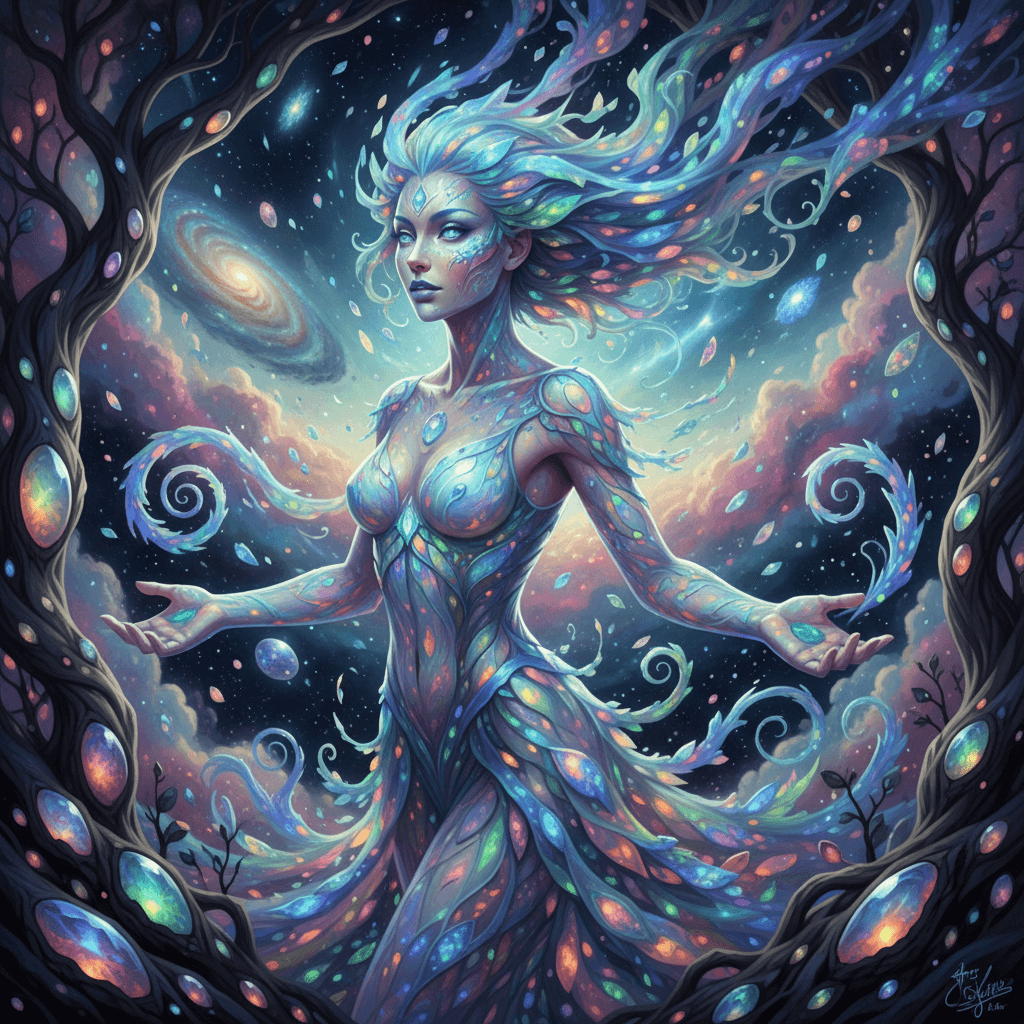 AI generated: she is abyss metamorphosis made of opal, magical realism