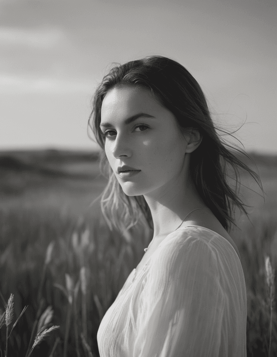 AI generated: a young woman in white clothes standing in the high grass, black and white photography, elegant, int...