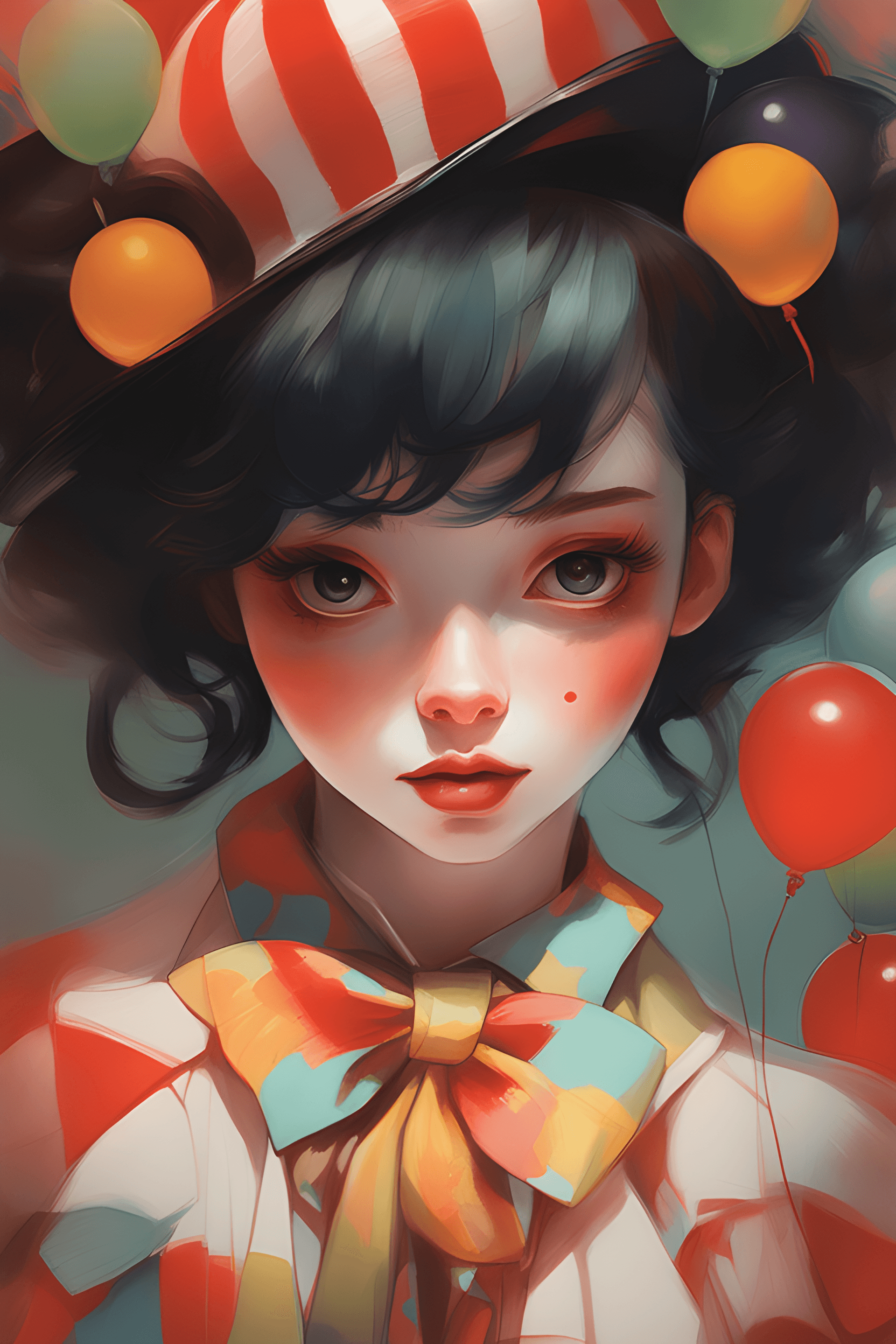 AI generated: a close up of a woman with clown makeup and a clown hat, artwork in the style of guweiz, guweiz, ins...