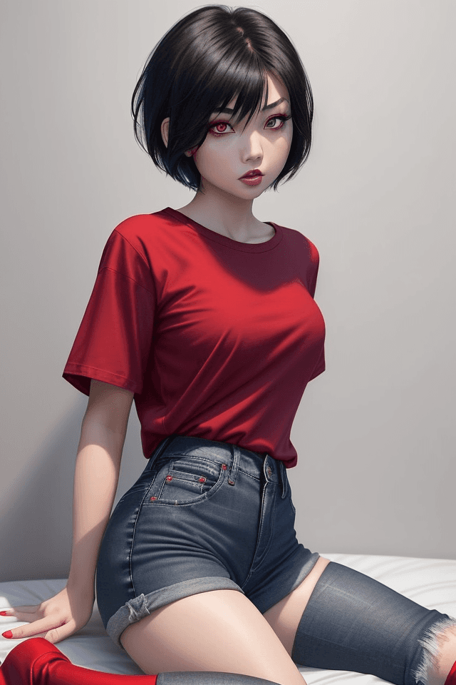 AI generated: (25:1.3) year old (sexy:1.3) (asian:1.1) (woman:1.1) with (dark:1.2) short hair, red eye shadow, wea...