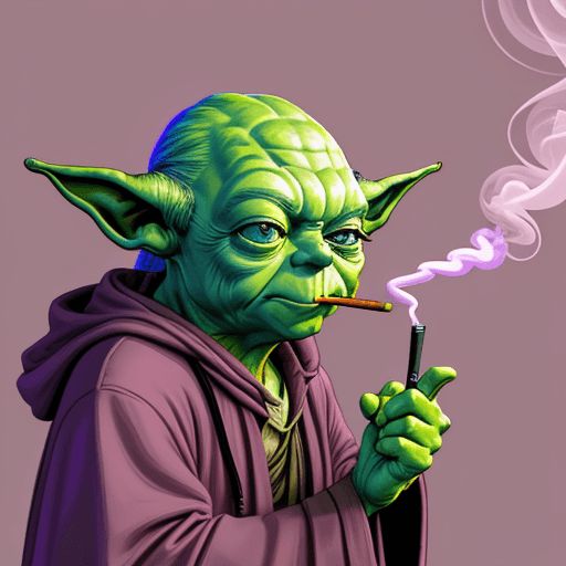AI generated: A smoking master Yoda, Digital illustration, Modern era, Mixed colors with prominent use of purples,...