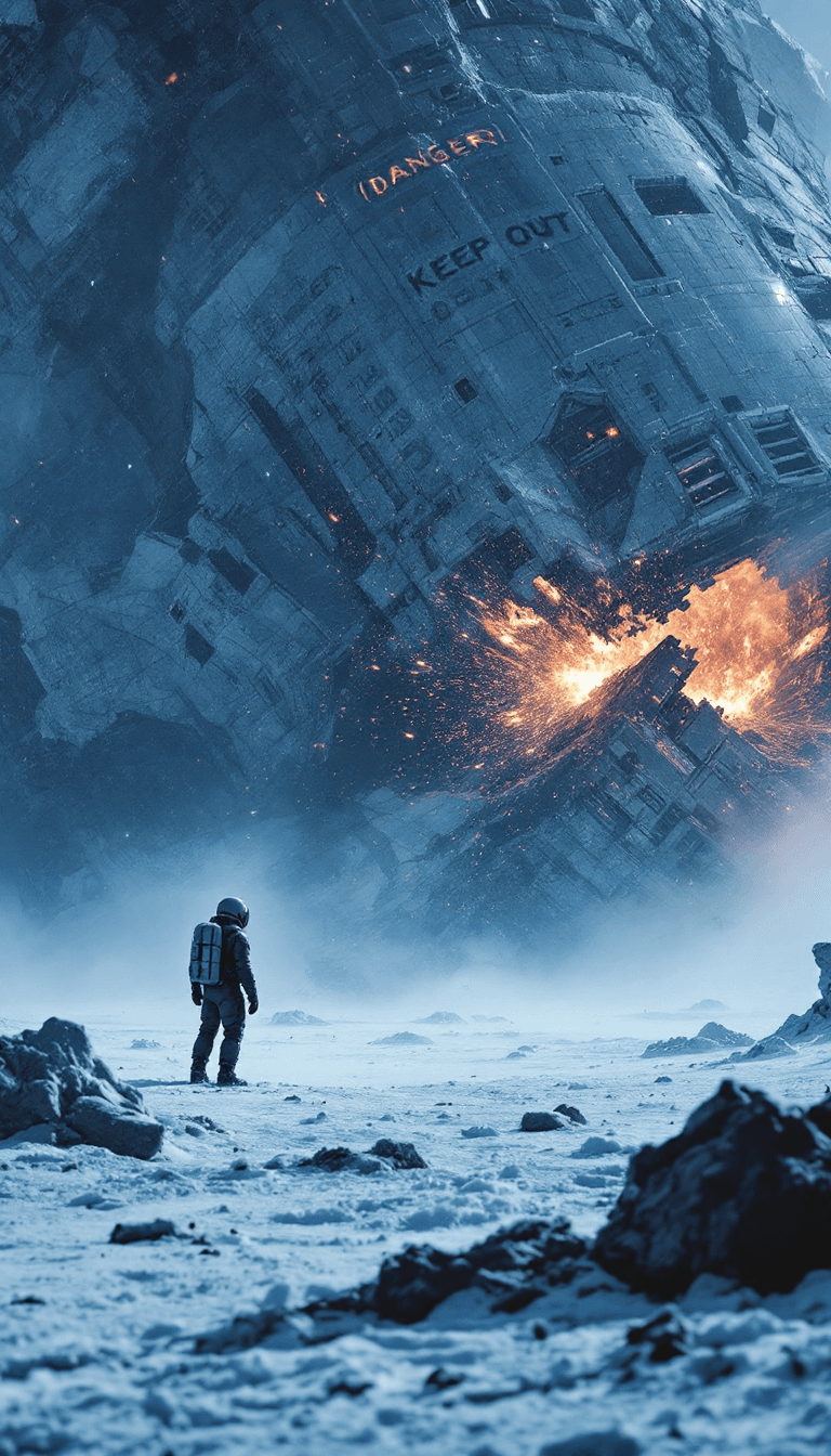 AI generated: On a frozen, icy moon surface, a massive, damaged starship lies half-submerged in snow, with flames ...