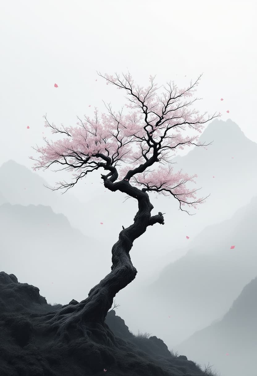 AI generated: Solitary traditional Japanese cherry blossom tree on a mountain slope, slightly off-centered in comp...