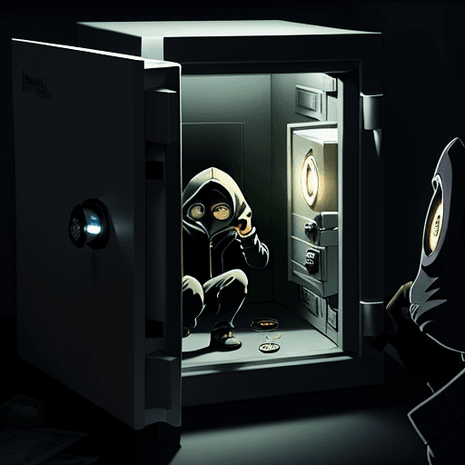 AI generated: Photo of a thief hacking into a safe,  inside the safe are eyeballs, there is an alarm above the saf...