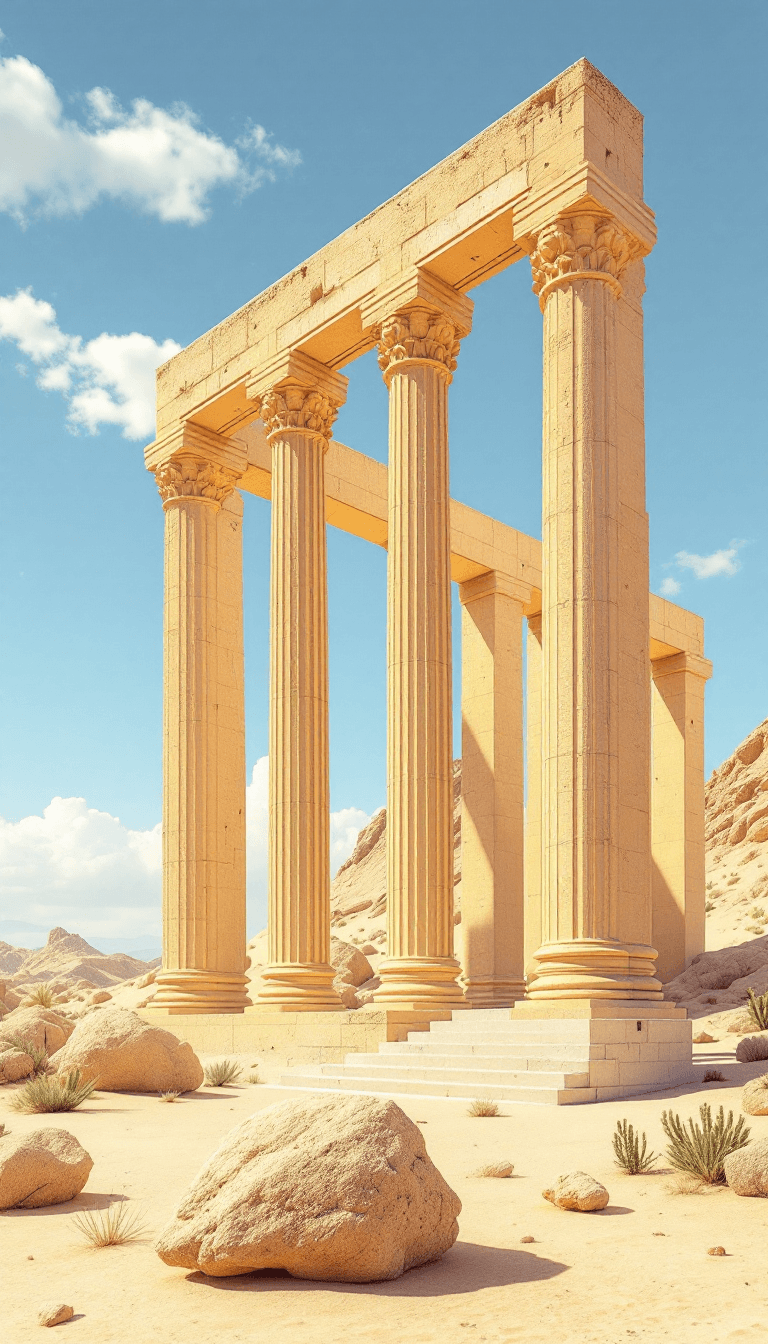 AI generated: brutalist architectural structure made of columns and arcs placed in the serene surreal desert, desi...