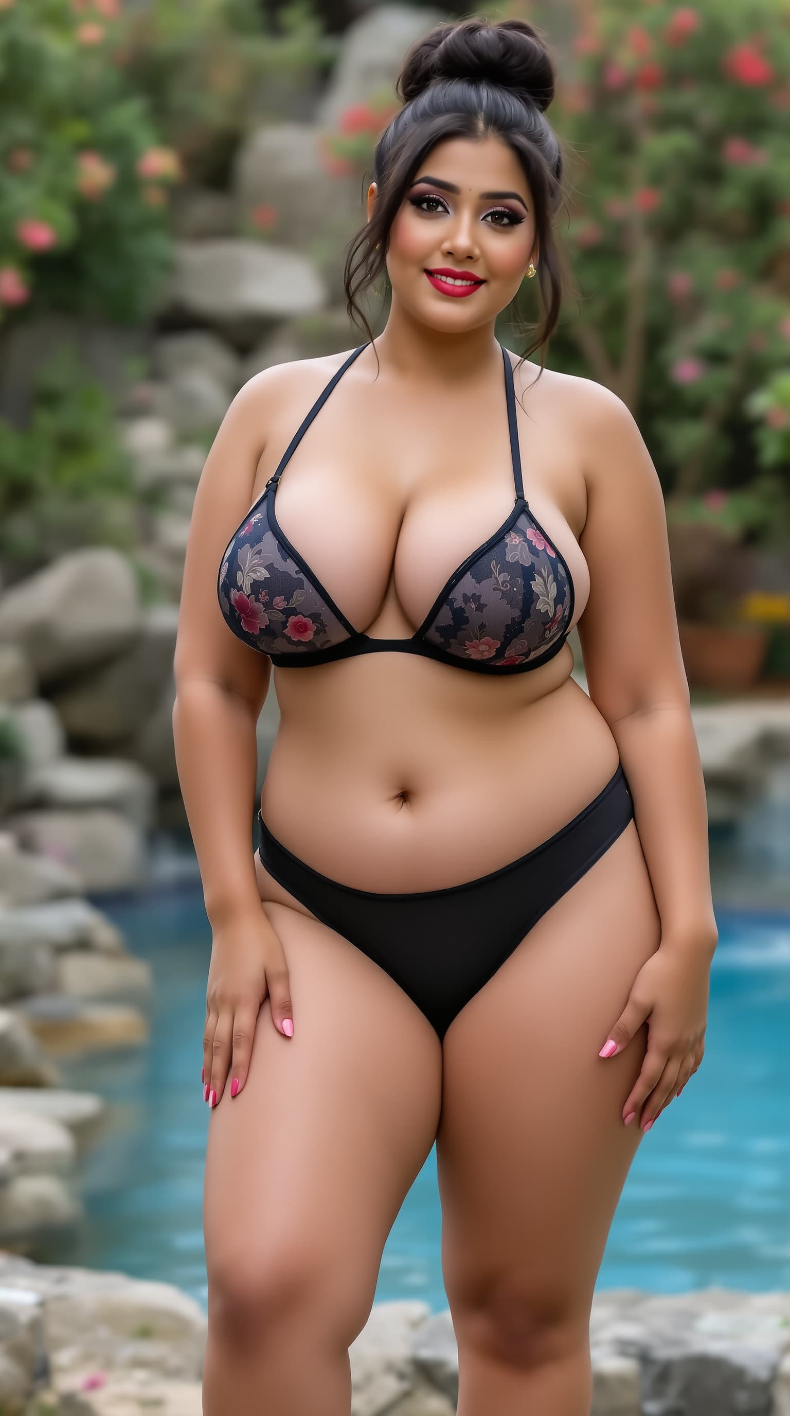 AI generated: a full BODY pretty sexy moody smile sexy charming face front cleavage sexy view  plus size Indian Bo...