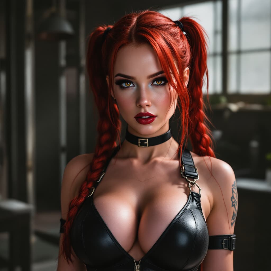 AI generated: Lana Rhoades as Black Widow, red hair, pigtails, 4k
