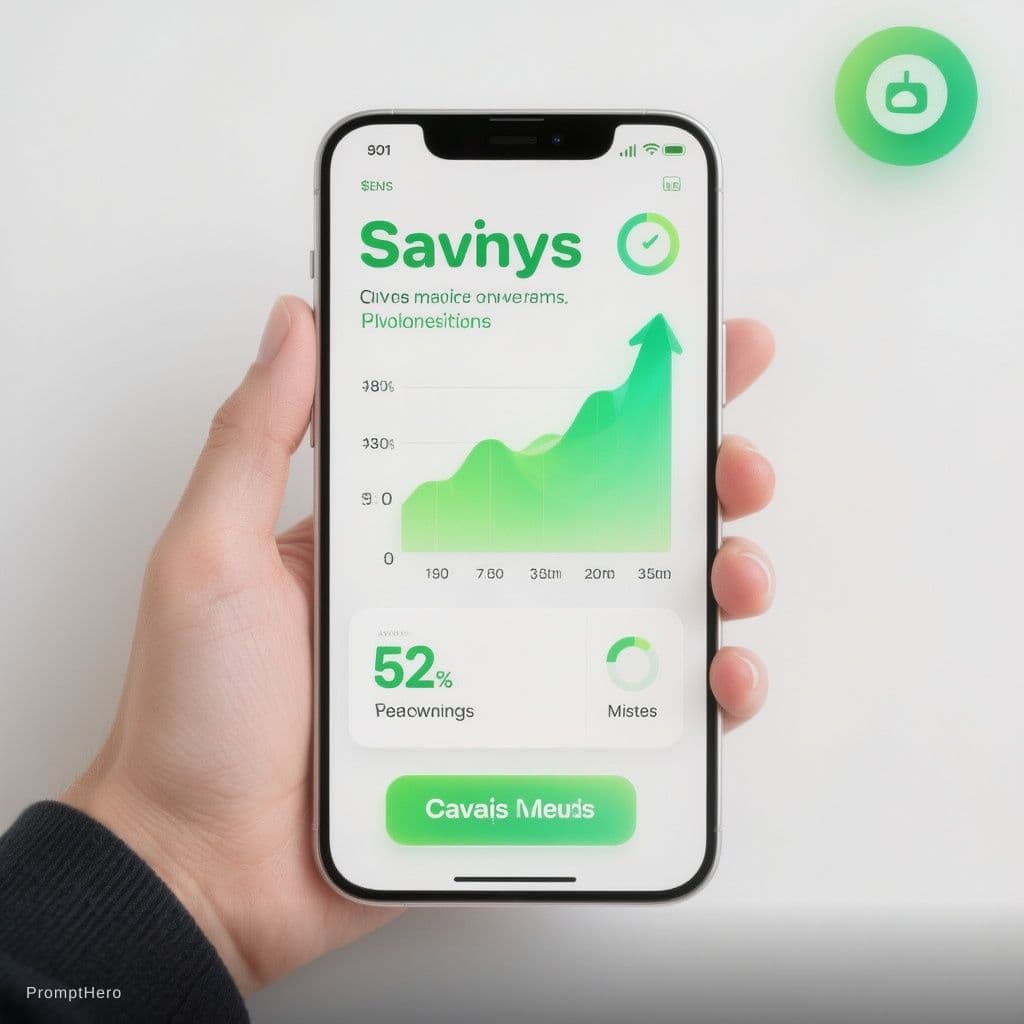 AI generated: A person's hand holding a modern smartphone showing a savings app with a rising green balance graph,...