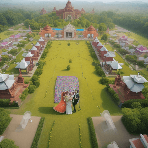 AI generated: Ariel view, a group of Indians happily holding a wedding in a grassy field surrounded by many future...