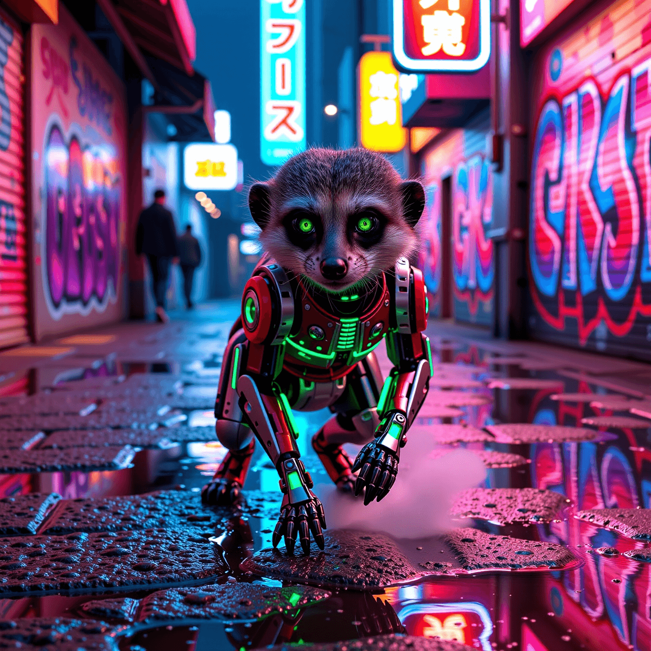 AI generated: A sleek cybernetic meerkat prowls neon-lit alleys, its metallic limbs gleaming under flickering pink...