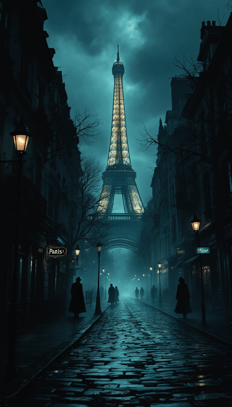AI generated: A Victorian, dark and misty Parisian street at night, with the backdrop of the Eiffel tower looming ...