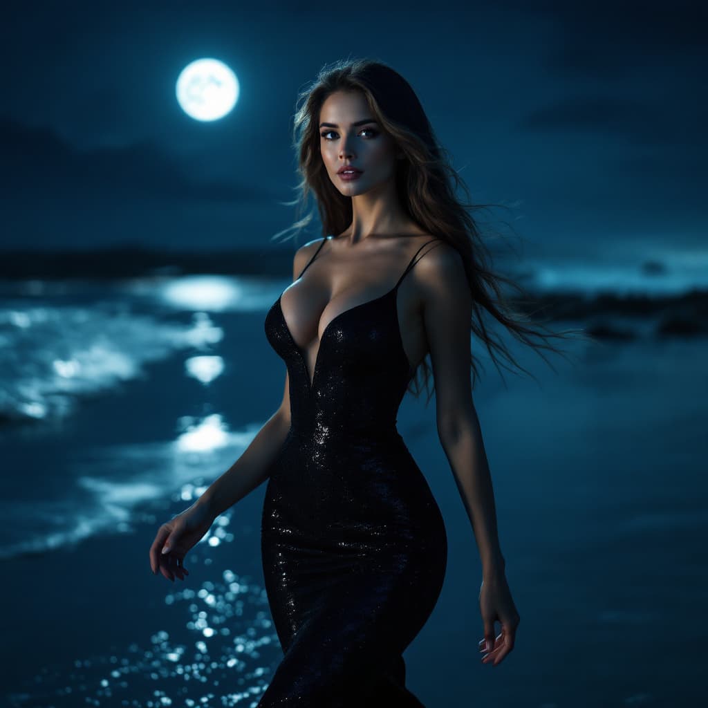 AI generated: A stunningly beautiful woman with an elegant and confident demeanor walks gracefully along a serene,...
