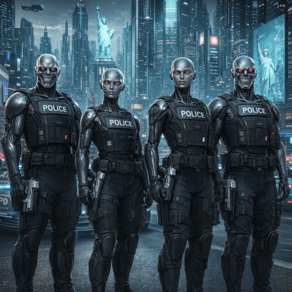 AI generated: Create an image of four futuristic Ailfs, reference images three and four, male and female, as Polic...