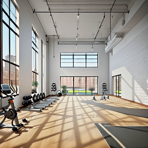 AI generated: High-resolution photography of interior design, of a gym inside a building with surrounding apartmen...