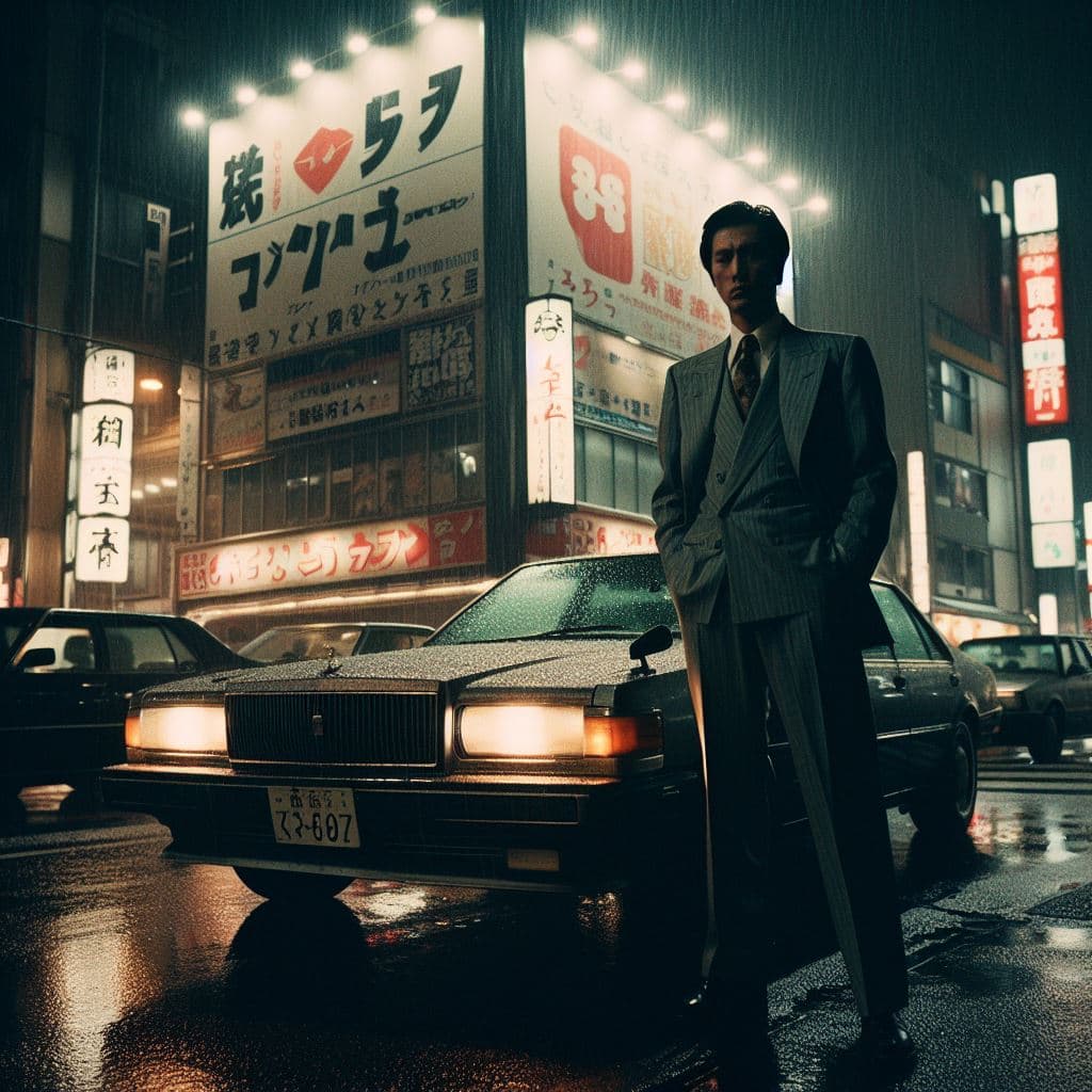 AI generated: 35mm shot of a man standing in front of a building next to a car, Shibuya, Tokyo, Japan, dreary, yak...