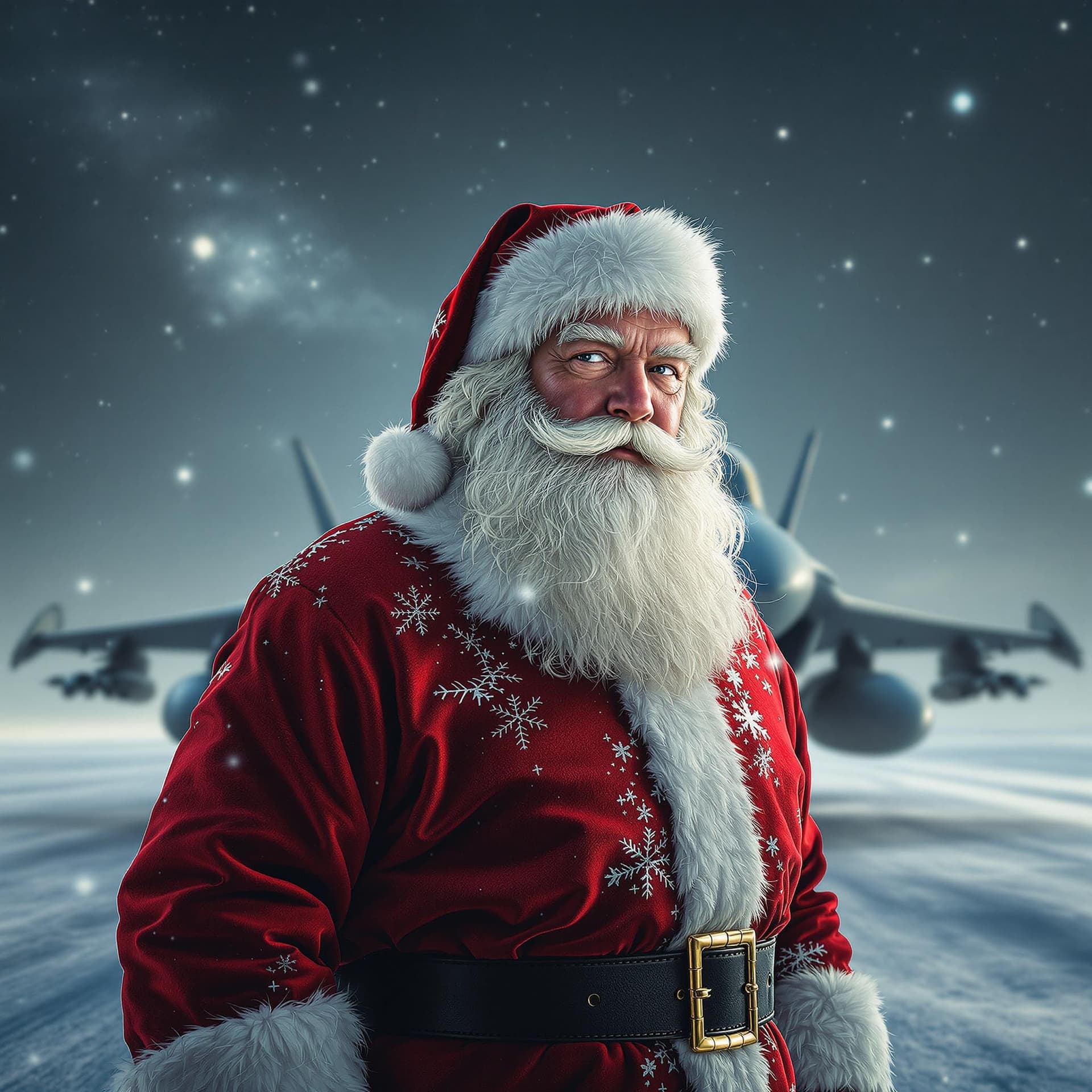 AI generated: Hyper realistic photograph of santa claus stood infront of a typhoon fighter jet