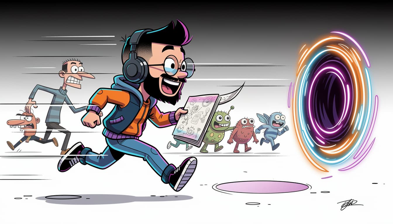 AI generated: "A cartoon-style boy running and looking back, with a humorous expression, laughing with a face of s...