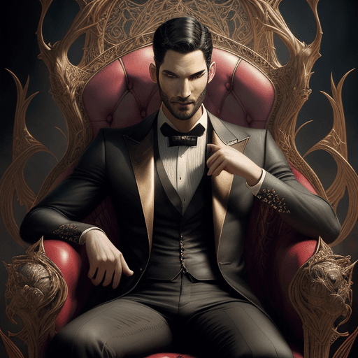 AI generated: tom ellis ( lucifer ) portrait sitting in art nouveau burning chair, fantasy, intricate devilish des...