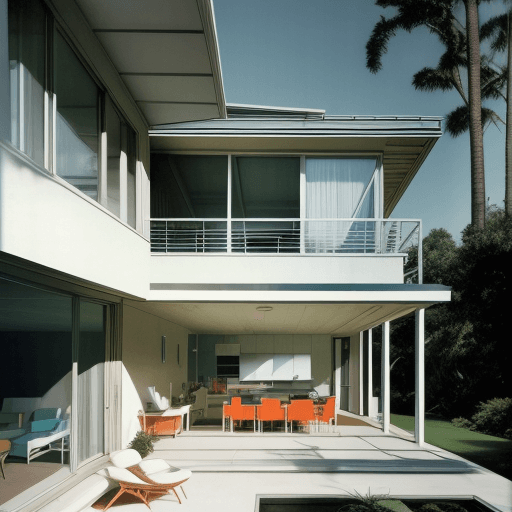 AI generated: Hyper realistic eye level exterior photo of a mid century modern style house overlooking the ocean, ...
