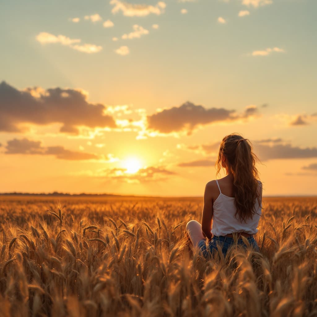 AI generated: Beautiful photograph of a landscape of a wheat field on a beautiful sunset, we see a woman sitting o...