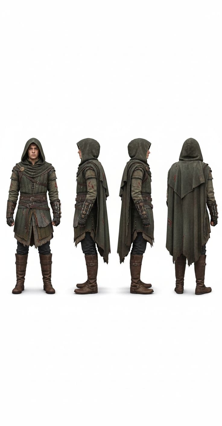 AI generated: Four full-length profiles of a gender-neutral young man, wearing leather shoes and realistic Nordic ...
