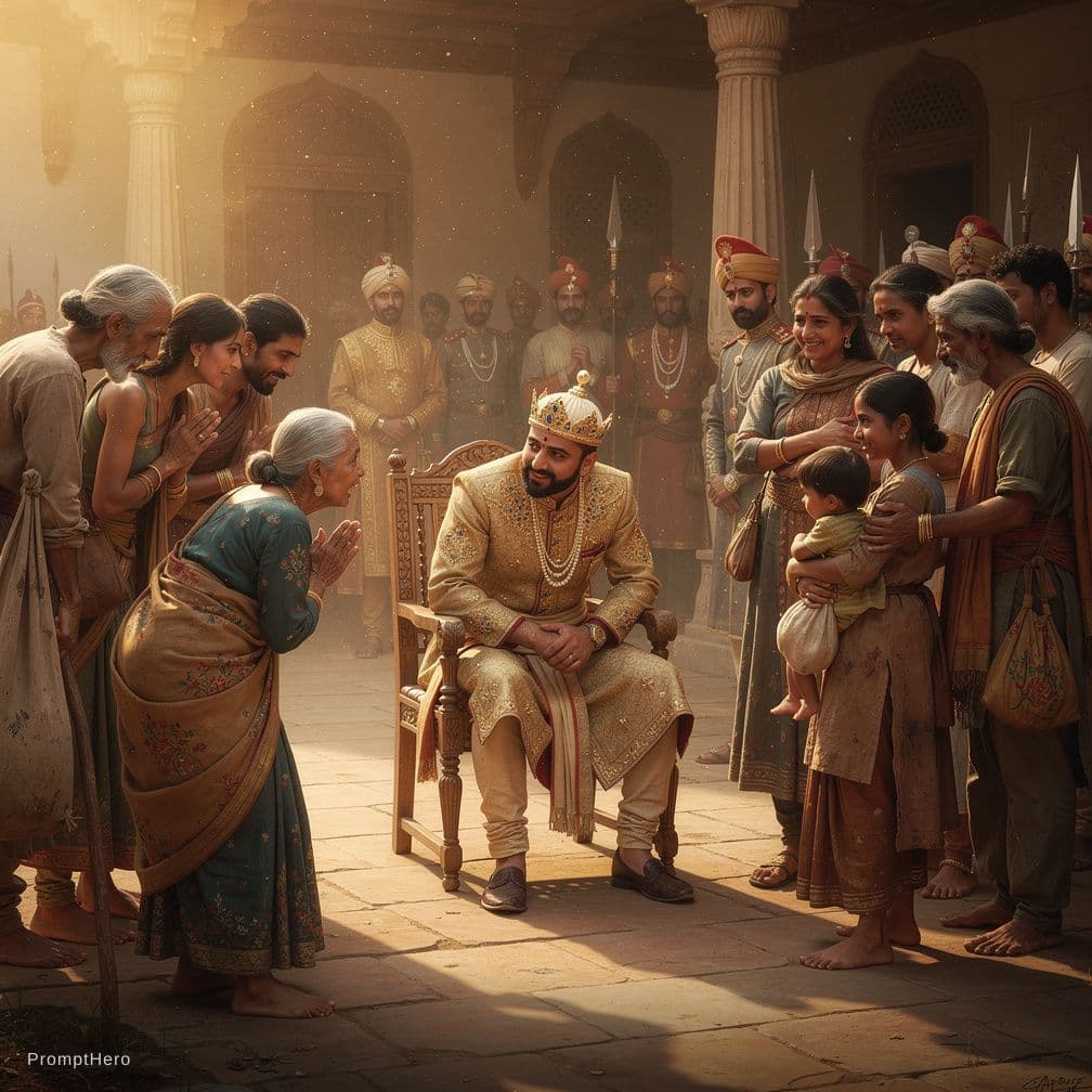 Hero prompt: राजा अपने राज्य की जनता से मिलते हुए, गरीबों की बा...