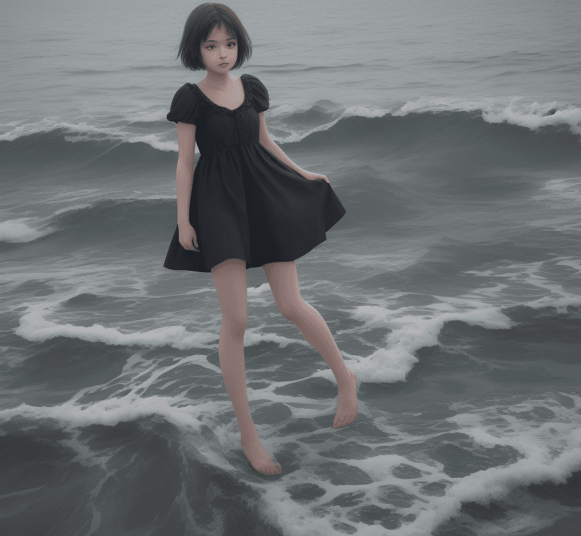 AI generated: A young girl short dress with dark short hair stands in a sea