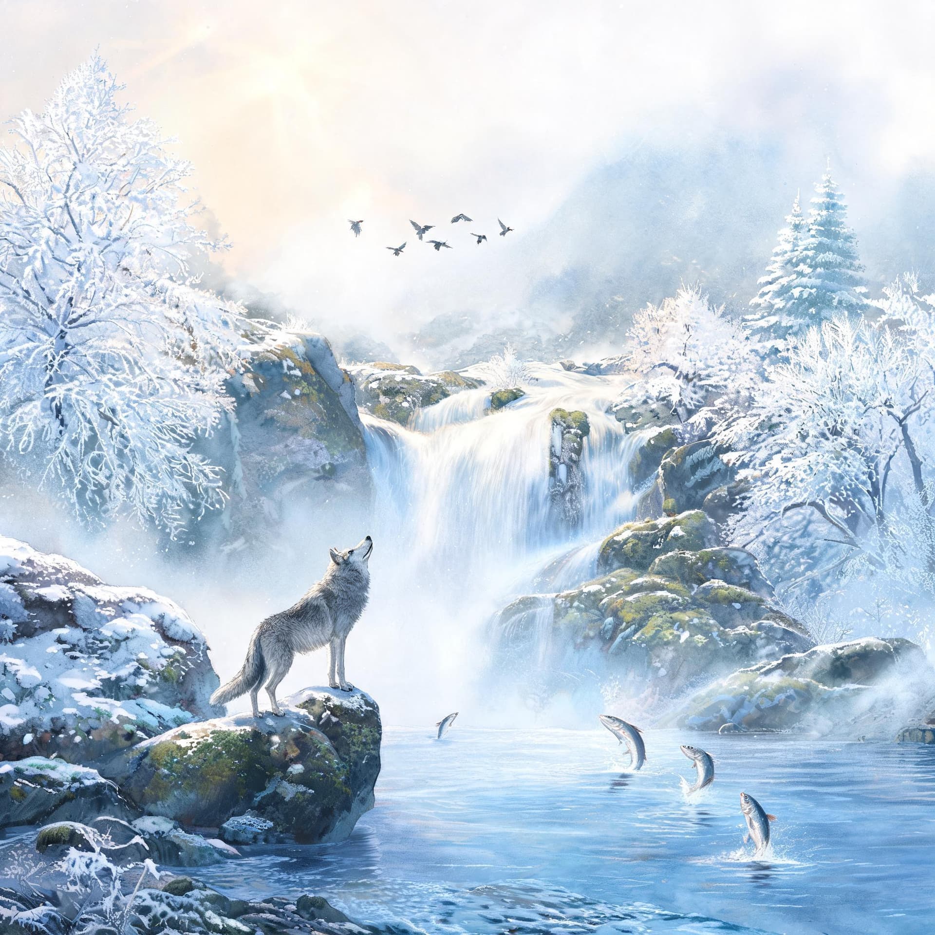 AI generated: Airbrushed watercolor painting, serene winter landscape, majestic waterfall, delicate lace-like pine...