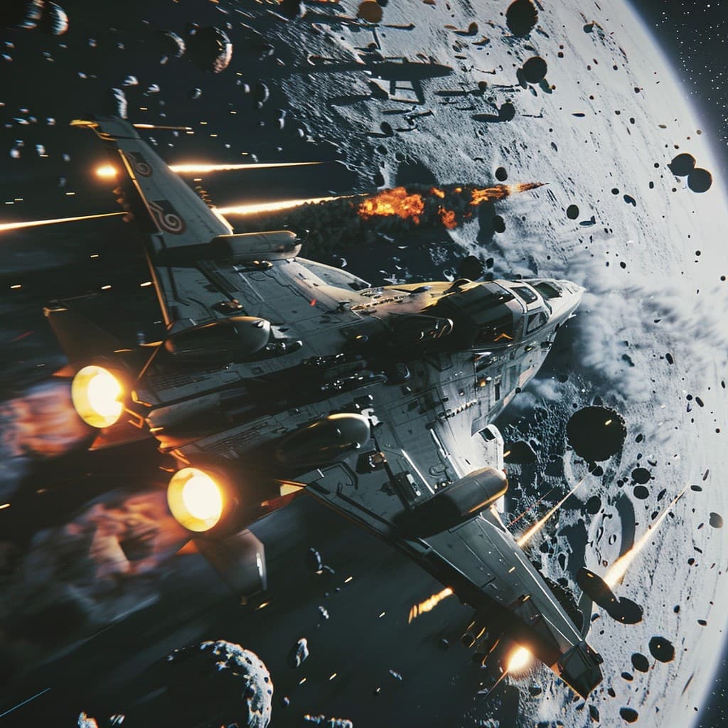 AI generated: 
scif space fighters in a dogfight over a airless moon, fighters shooting, missiles flying, explosi...