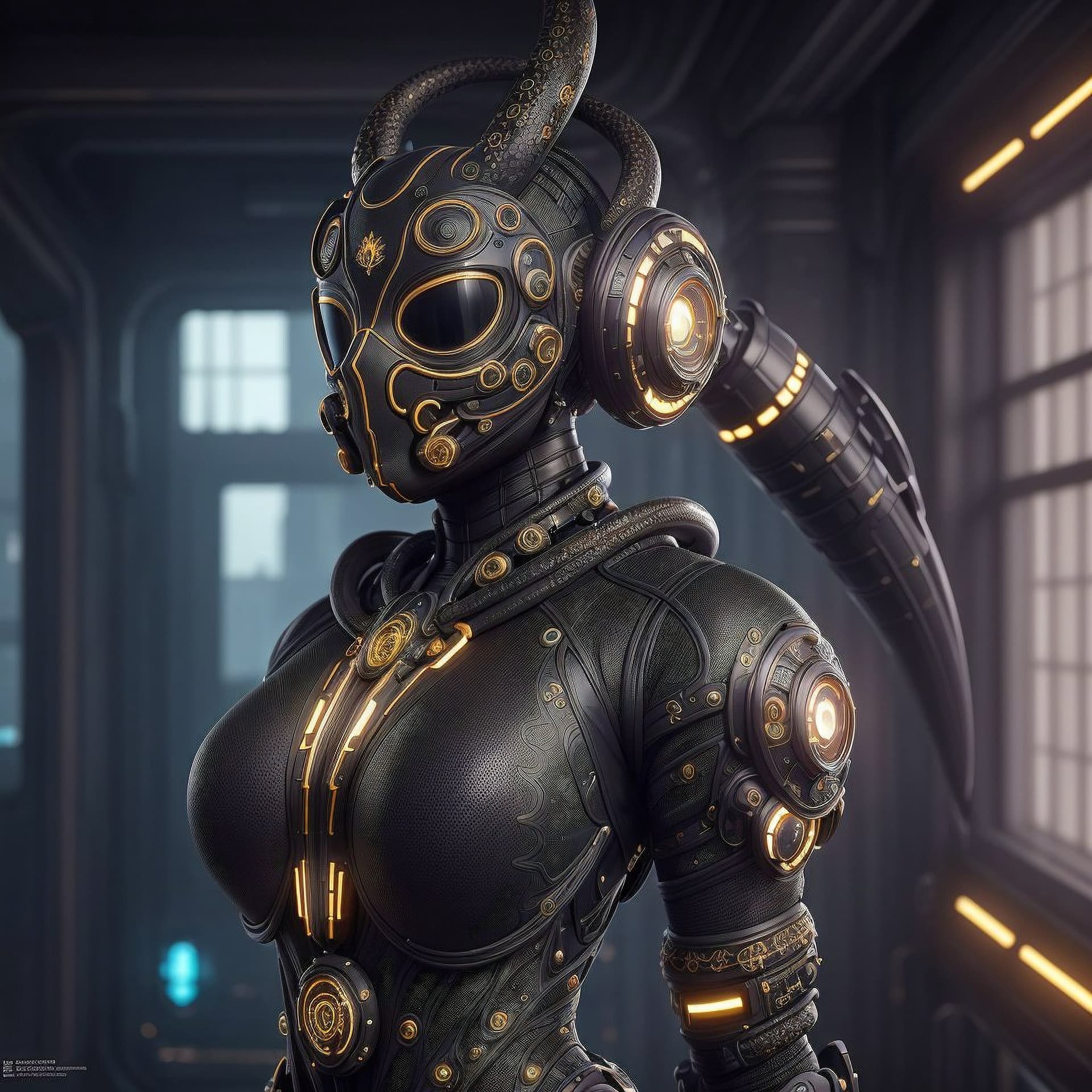 AI generated: rearview of a lovely ebony, full body, atletic, wearing intricate black and gold translucent octopus...
