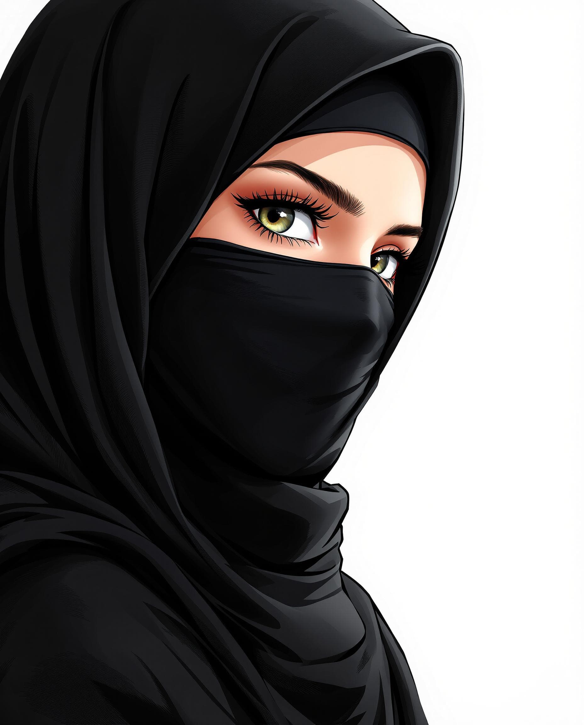 AI generated: manga anime, wearing a black hijab with the covering face like a Arabian woman in black clothes