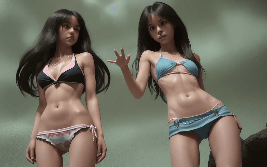 AI generated: realistic, 2 girls looking at each other, long shot, 1 tiny petite short woman (standing) in a bikin...