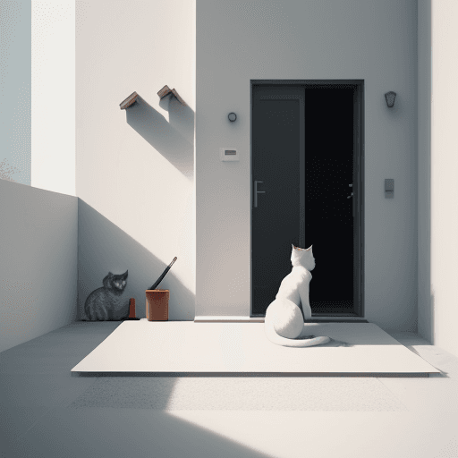 AI generated: minimalistic house with person in front with a cat next to them with pencil strokes at dawn
