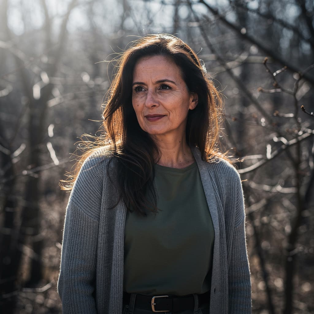 AI generated: cinematic image with dark shadows and high contrast,

A middle-aged woman with long, dark brown hair...