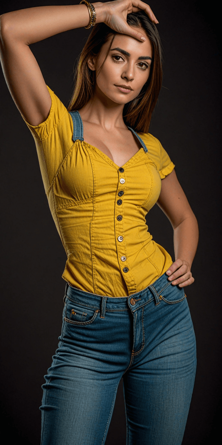 AI generated: An image of a woman with medium-length wavy brunette hair and a serious expression. She is posing wi...